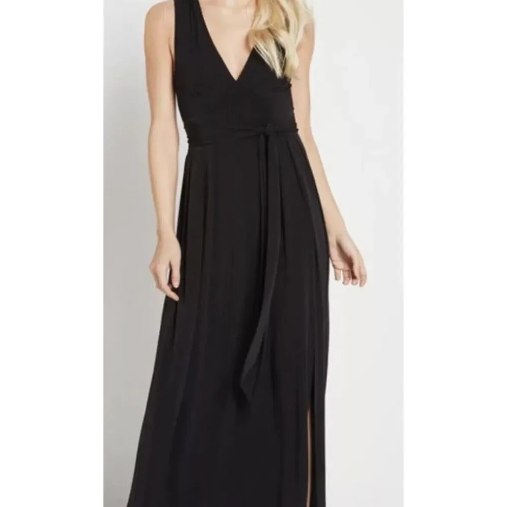 BCBGeneration V Neck Belted Black Maxi‎ Dress XS Front Slit Open Back 58